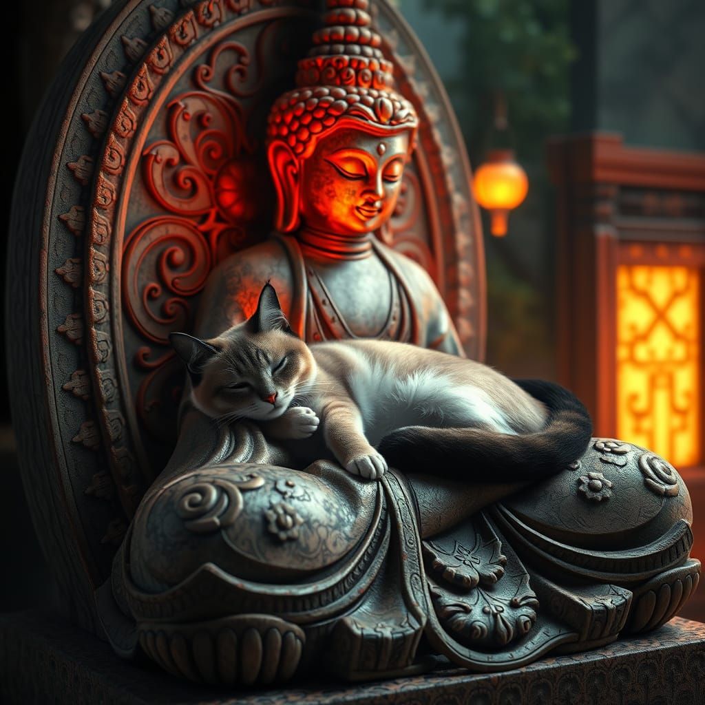 Serenely Adorned Buddha Statue with Siamese Cat