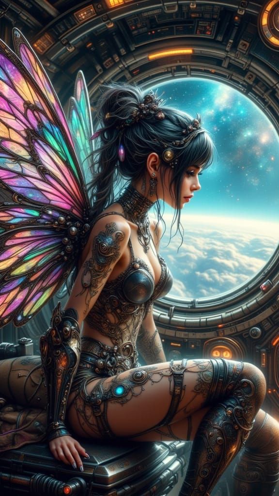 Cyborg Fairy Punk Astronaut in Retro Rocket Ship