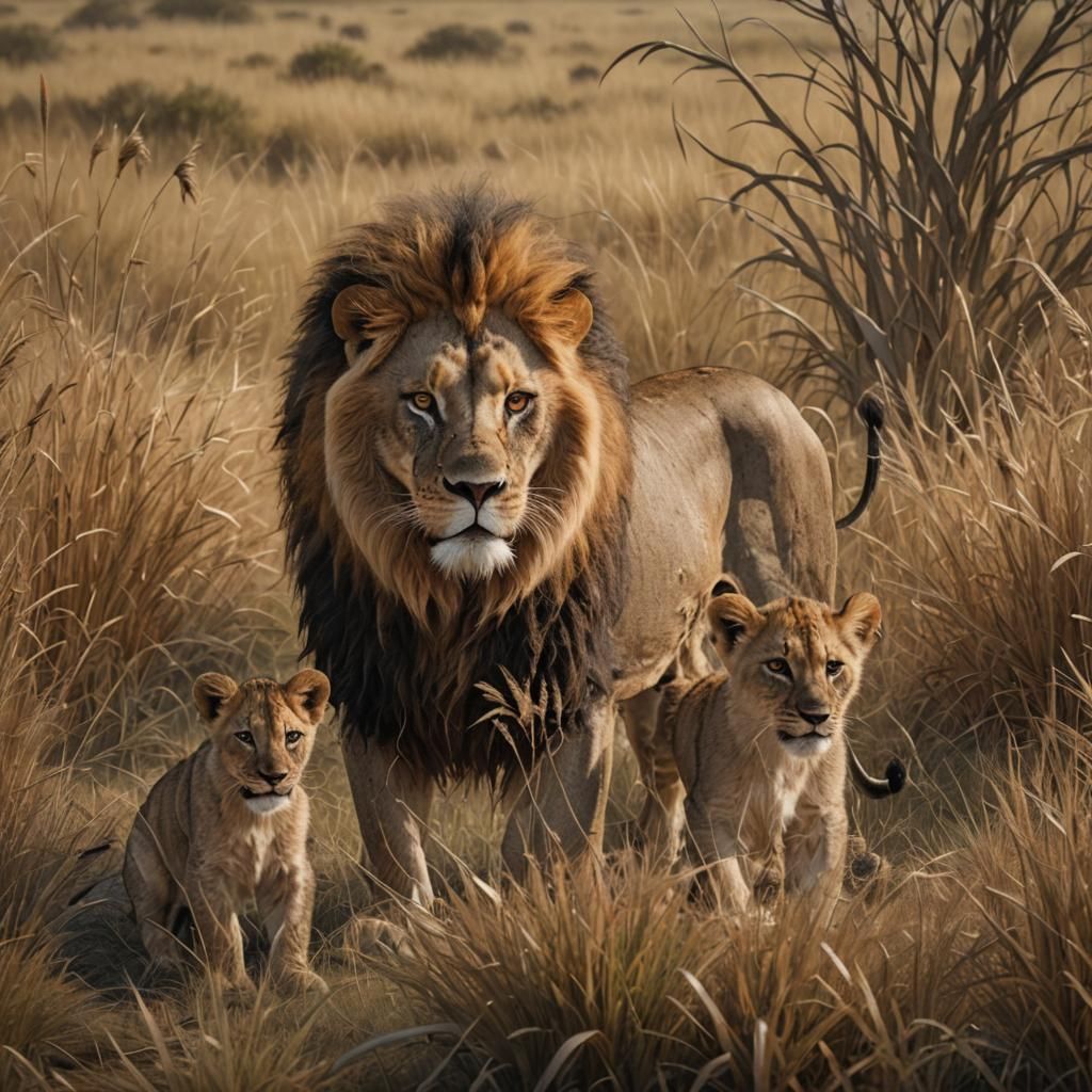 Lion and Cub Hunting on the Savannah