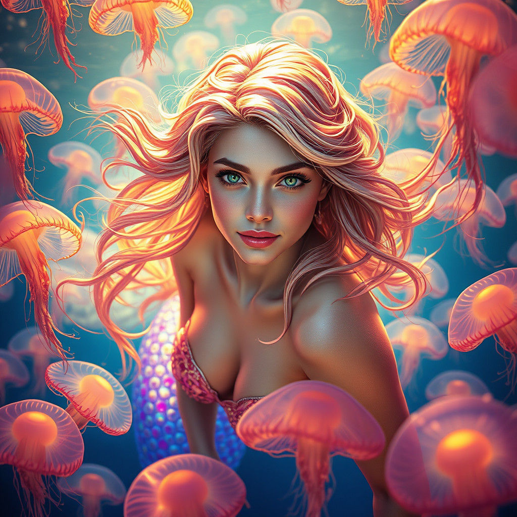 Mermaid in Bioluminescent Waters, Fantasy Art