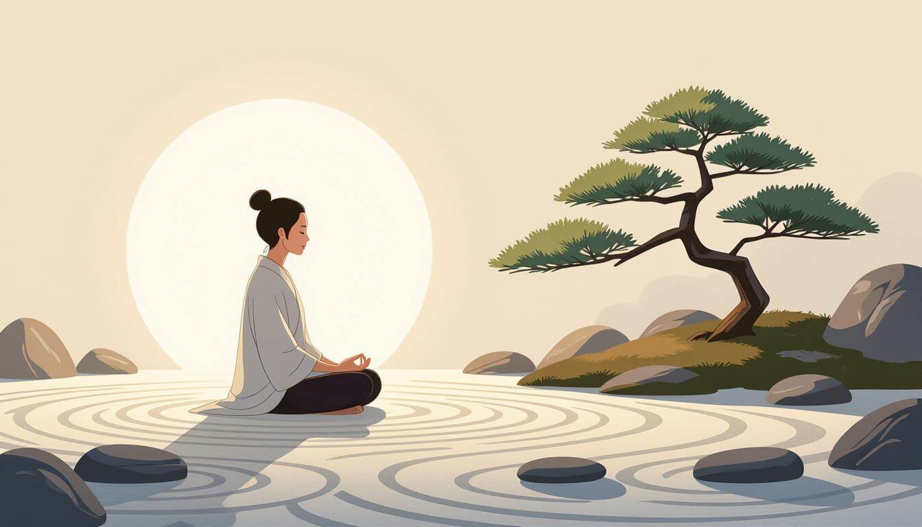 Serene Character Meditating in Radiant Zen Garden