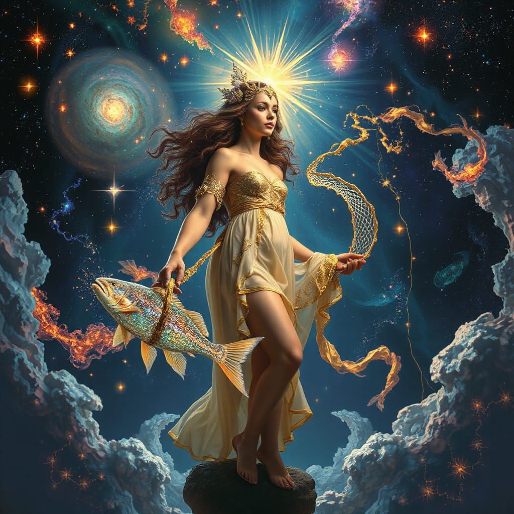 Cosmic Goddess Fishing in Starlight Nebula