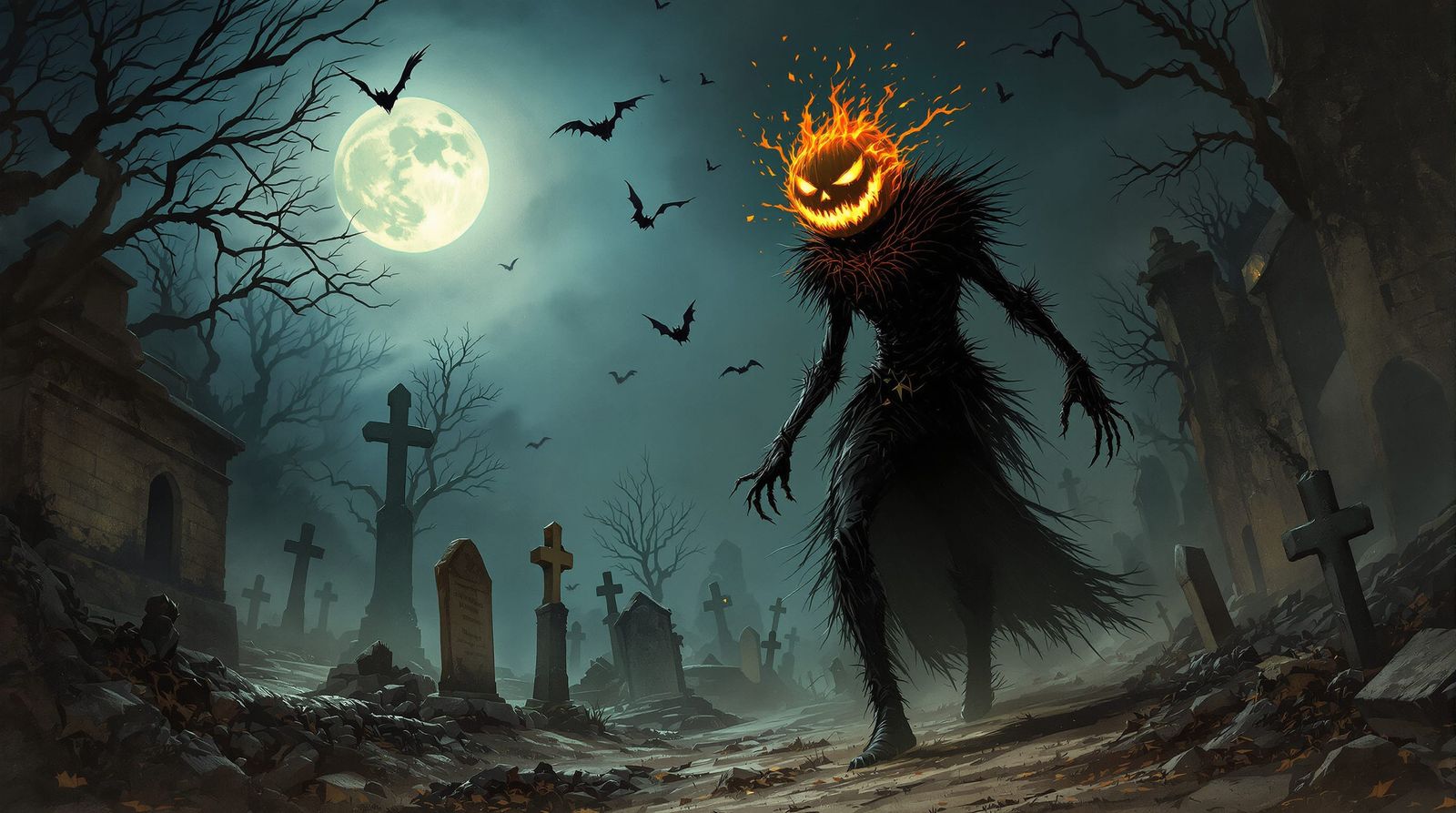 Arcane Figure with Jack-o'-Lantern Head in Moonlit Cemetery