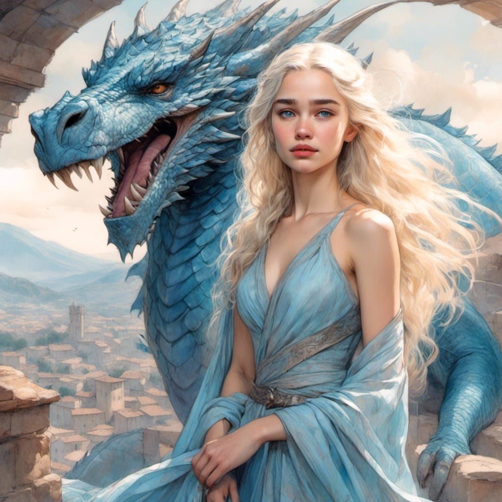 Daenerys Targaryen and Dragon Portrait in Fantasy Style