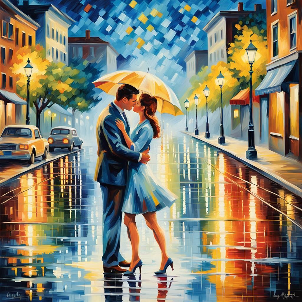 Kissing Couple in Art Deco Impressionist Style