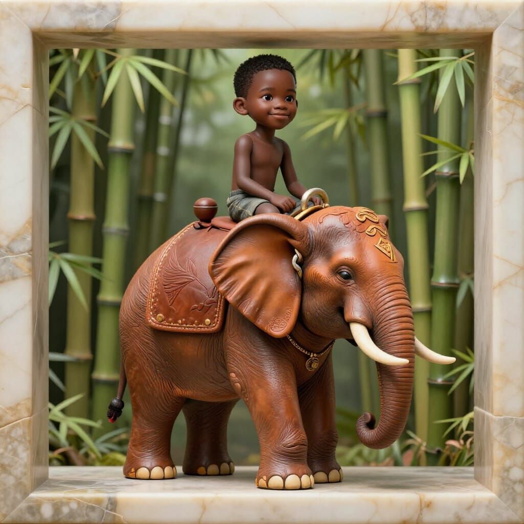 African Boy Rides Leather Elephant in Bamboo Forest