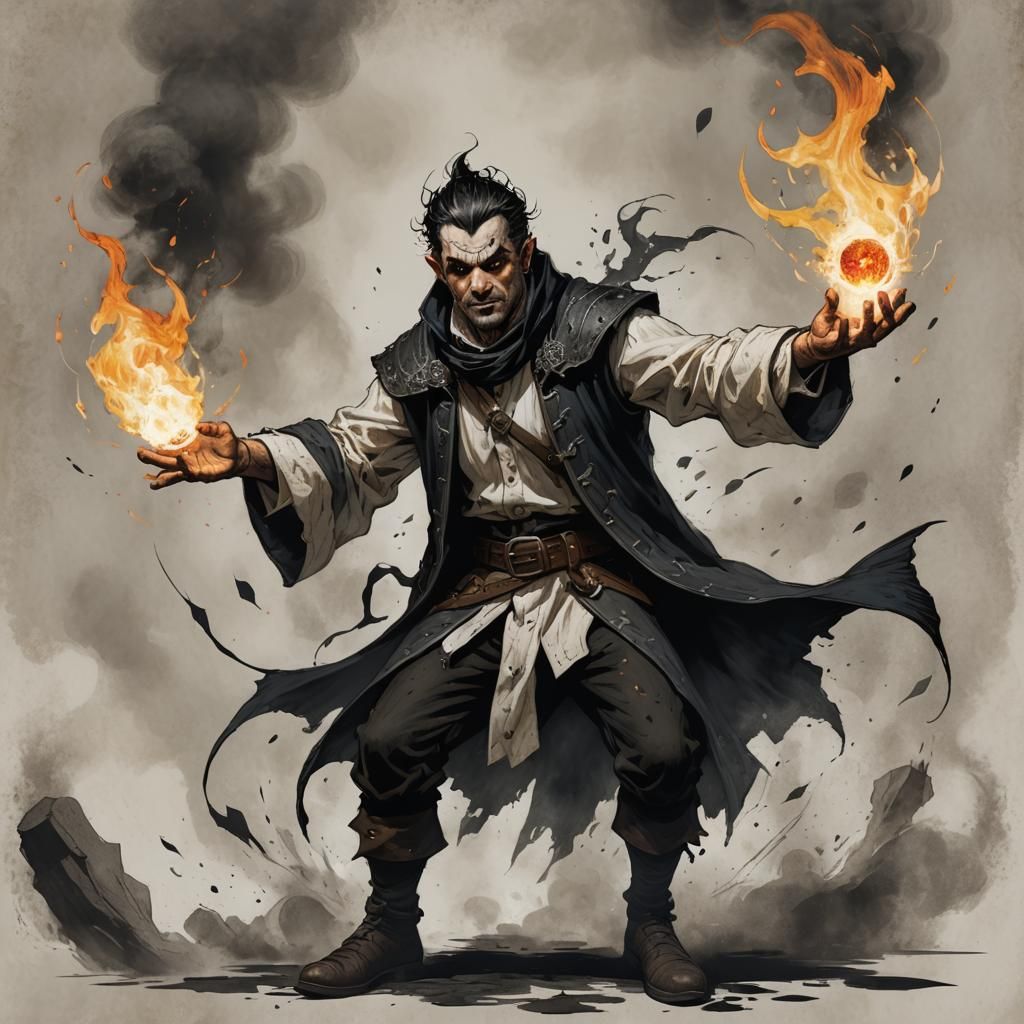 Halfling Sorcerer Casting Fireball: Dark Fantasy Illustratio...