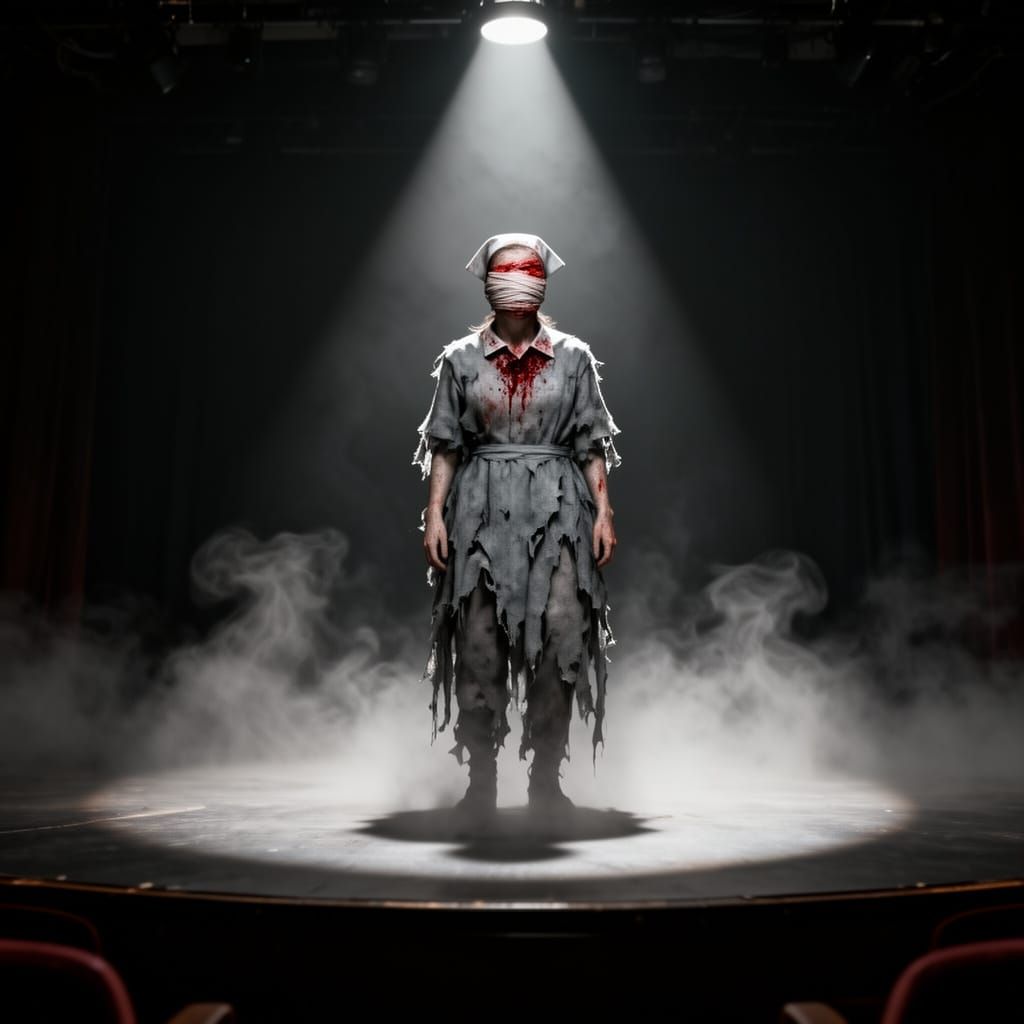 Ethereal Silent Hill Nurse in Foggy Cinema Spotlight