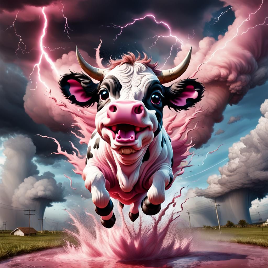 Pink Cow in Tornado: Hyperrealistic Concept Art