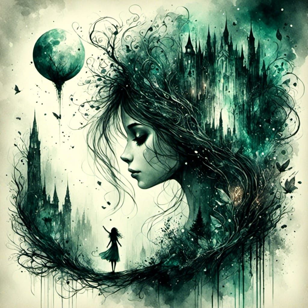 Enchanted Umbral Trees in Moody Ink Style