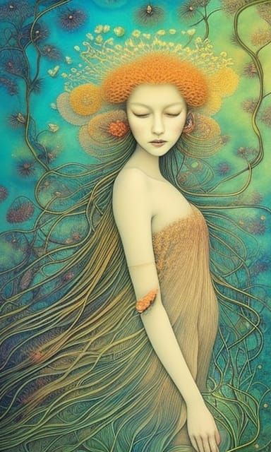 Woman in Surreal Sun and Moon Clouds