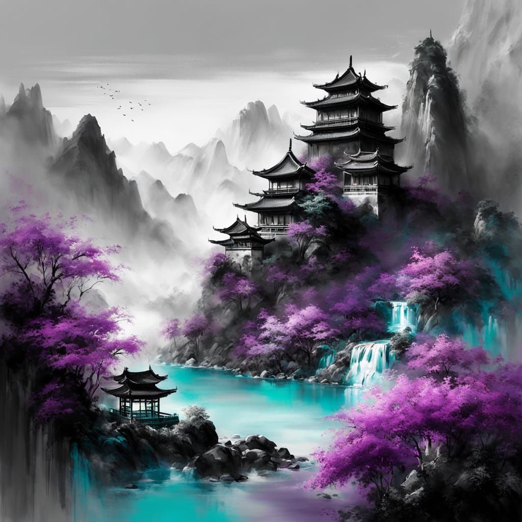 Ancient Chinese Landscape Painting in Turquoise and Purple