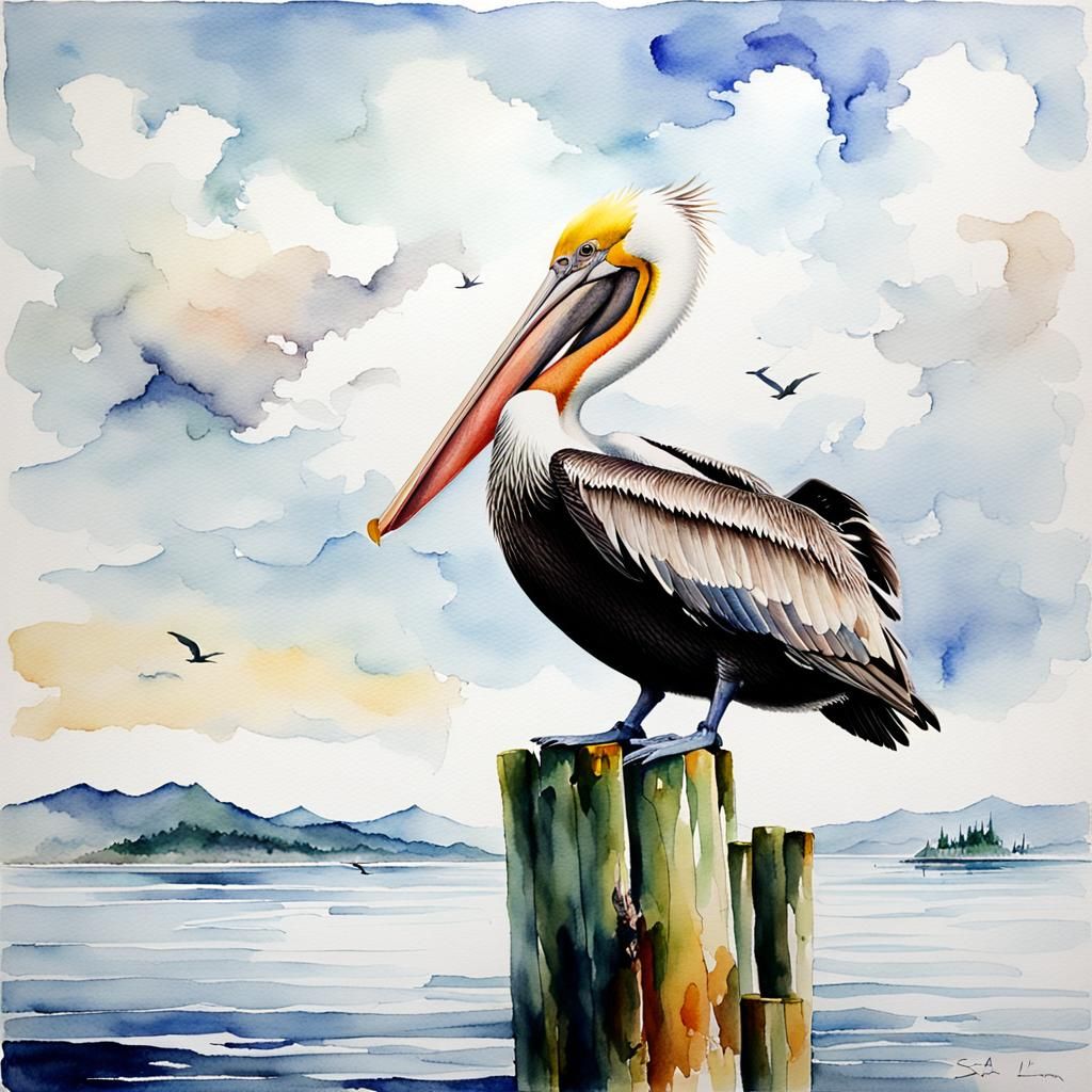 a pelican  standing on a piling