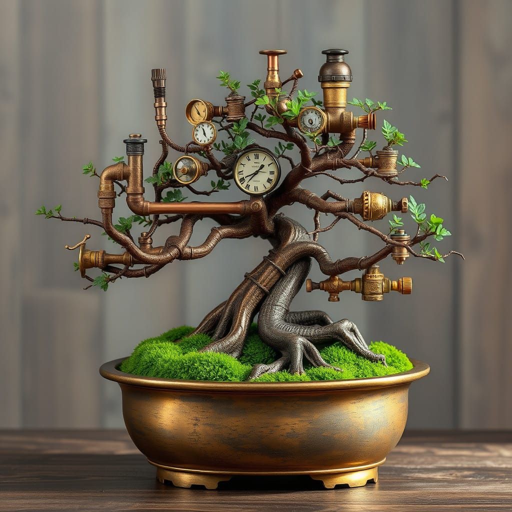 Steampunk Bonsai Masterpiece in Intricate Copper and Brass D...