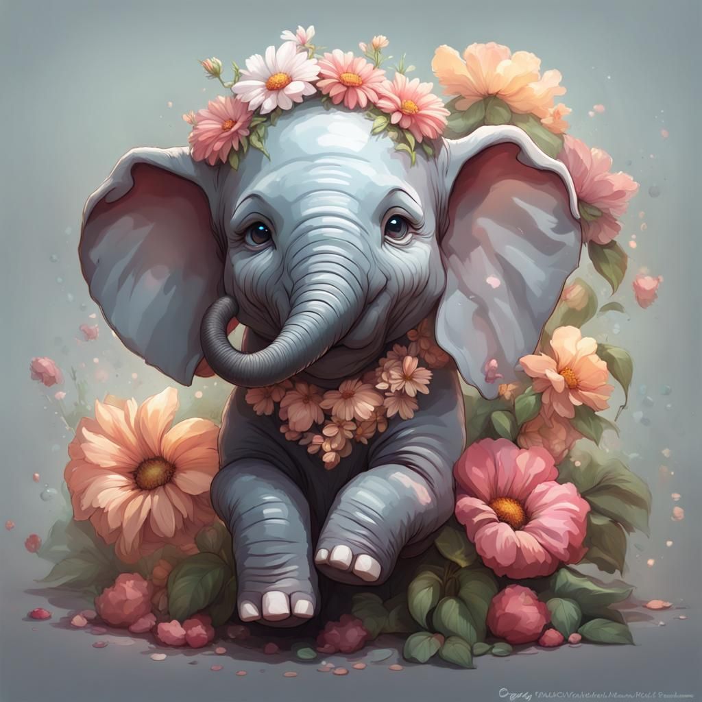 Adorable Baby Elephant Portrait with Flowers