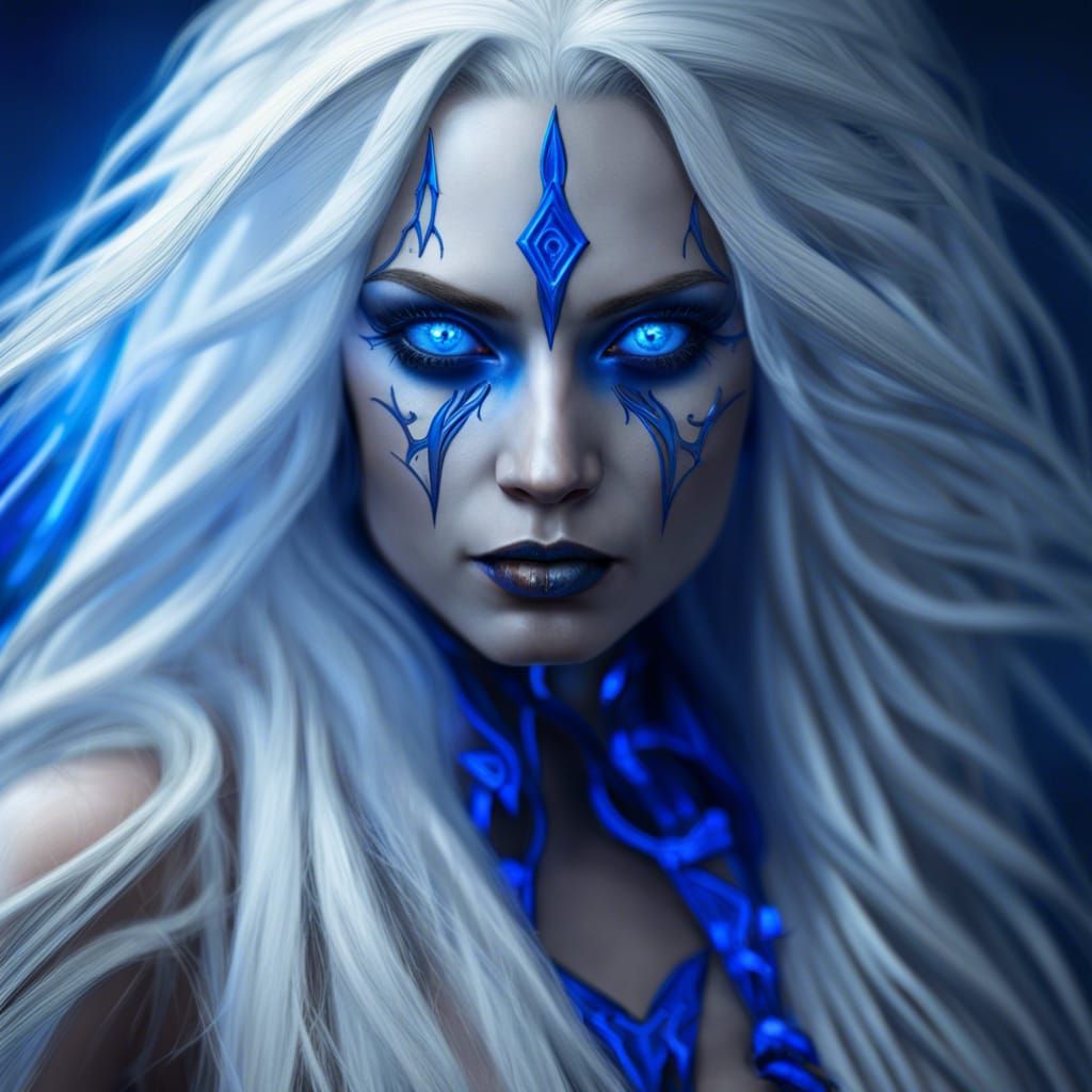Albino Drow Sorceress with Electric Blue Hair
