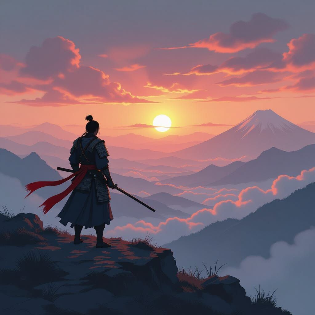 Lone Samurai Overlooks Misty Valley at Sunset