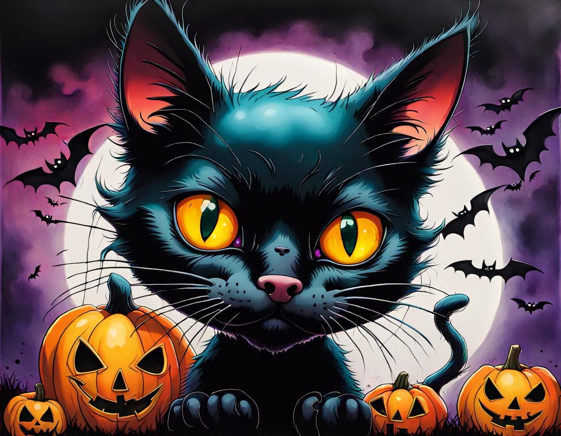 Halloween Black Cat Portrait in Airbrush Style
