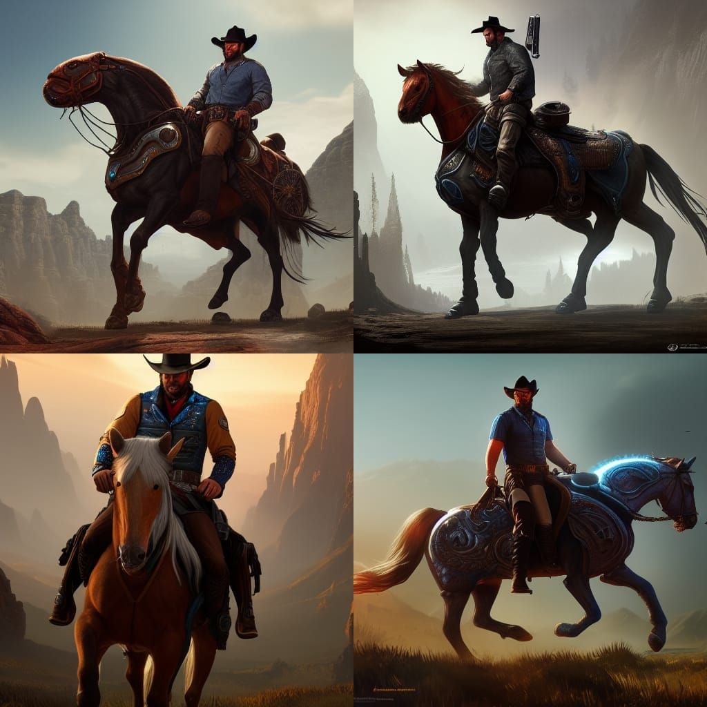 Arthur Morgan Rides a Cyborg Horse: Detailed Matte Painting