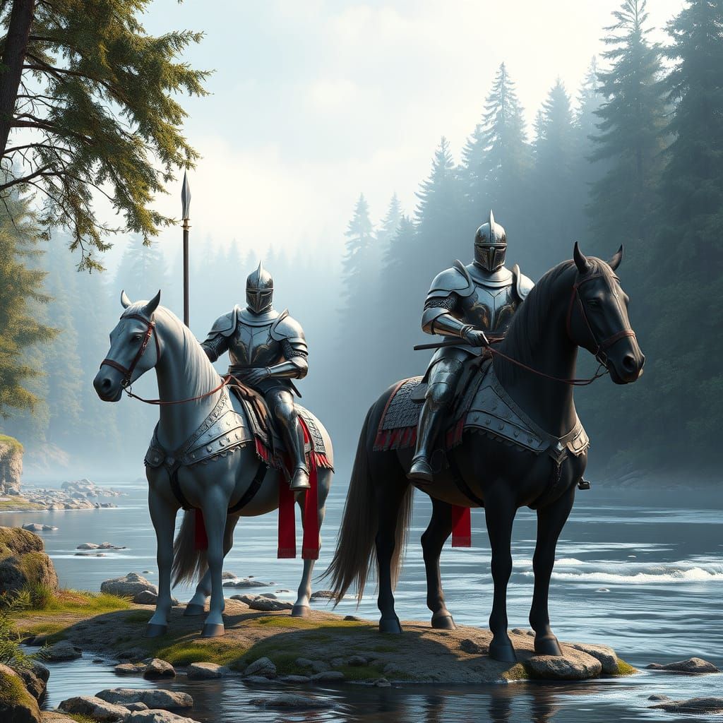 Victorious Armored Knights on Riverbank in 3D Anime Style