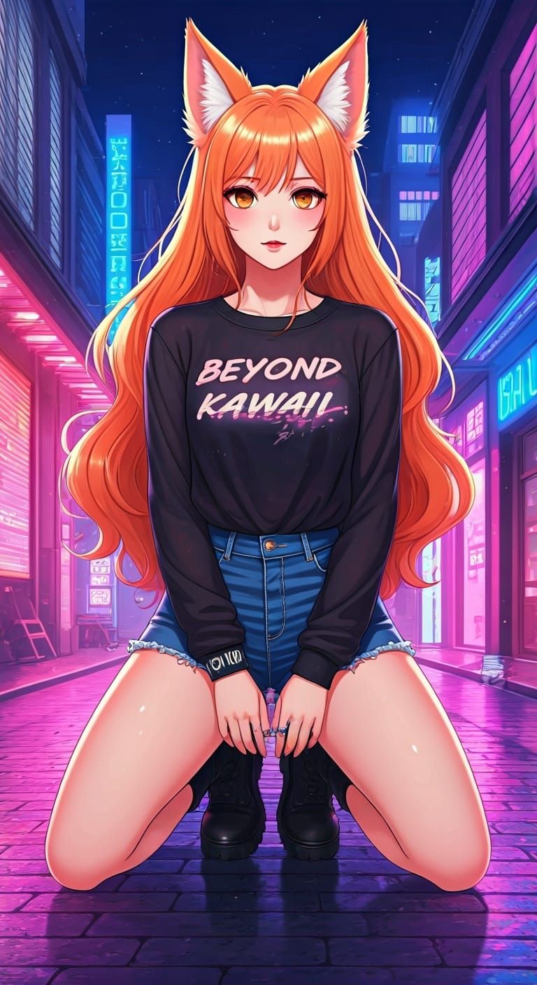 Fox-Eared Woman in Neon Anime Style