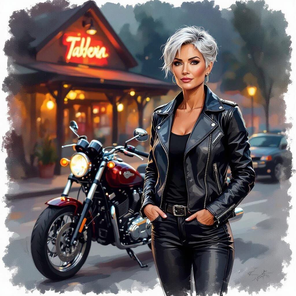 Impressionistic Painting of Woman with Motorcycle