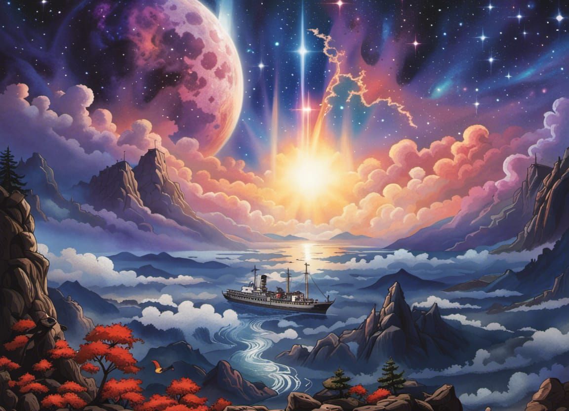 Moonlit Space Battleship in Ukiyo-e Style