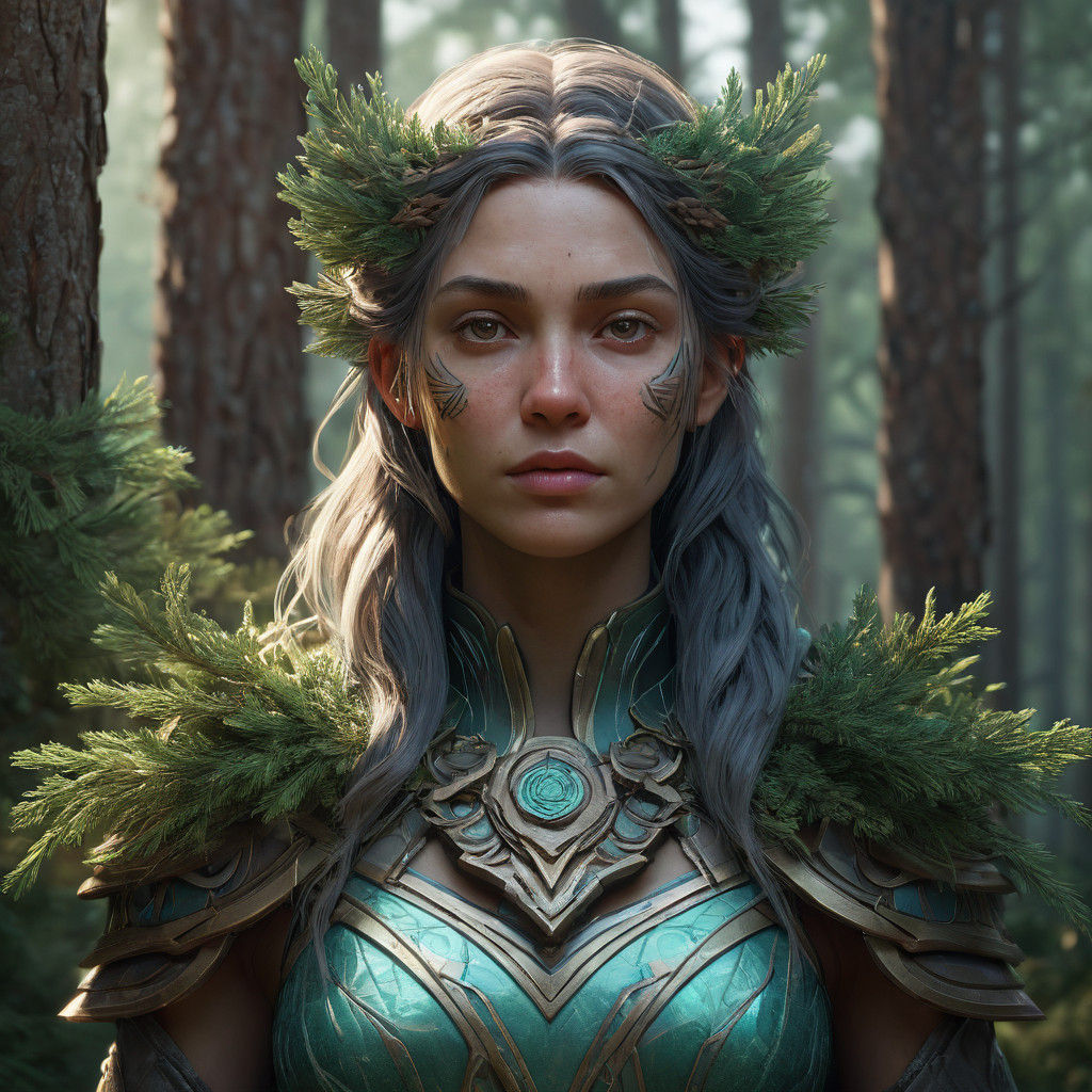 Surreal Nature Goddess in Pine Forest Portrait