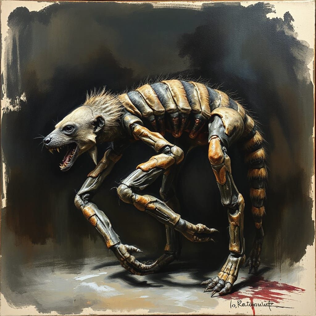 Grotesque Centipede Sloth Hyena Hybrid as Oil Painting