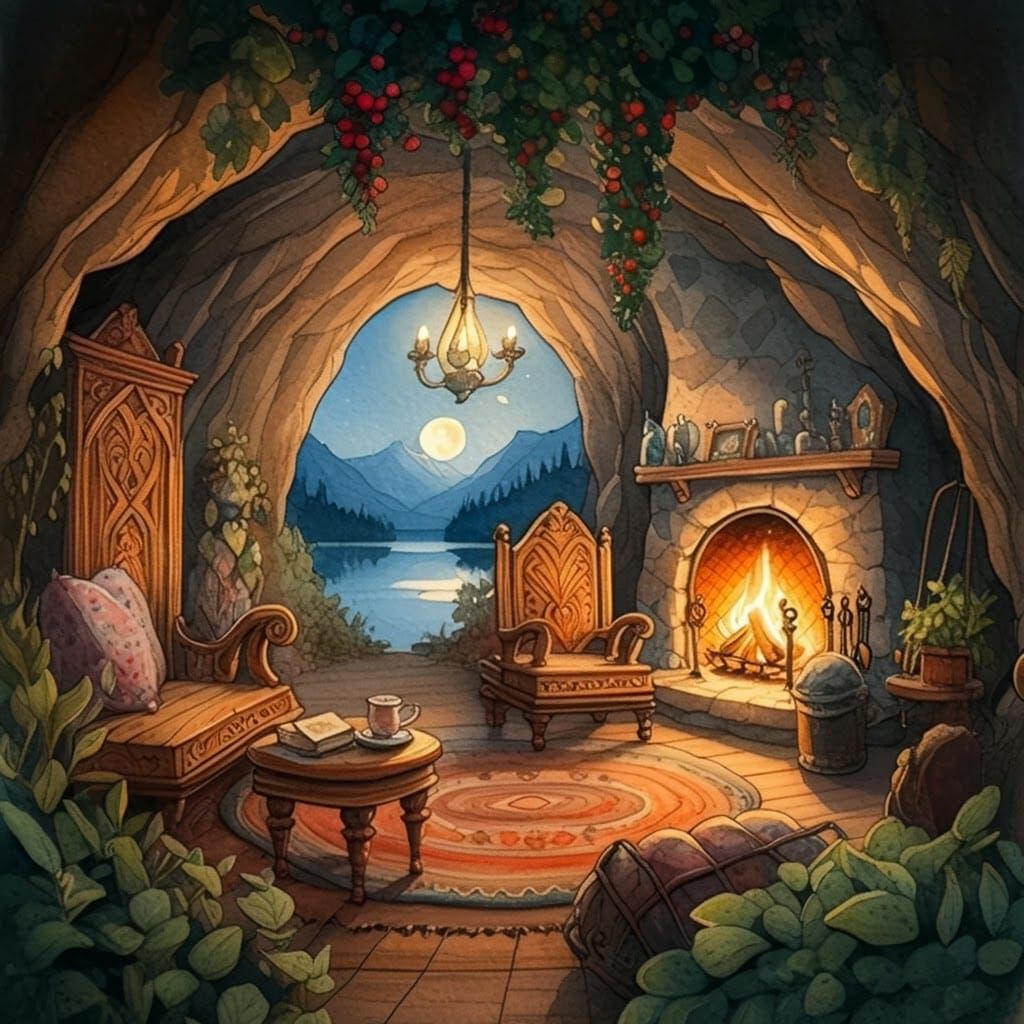 Cozy Cave Interior in Watercolor Style