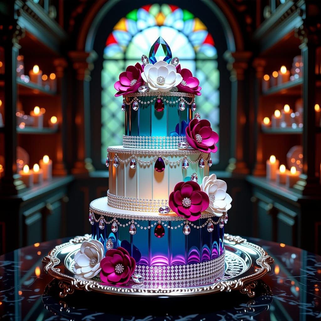 Majestic Gemstone Cake in Fantasy Room, Hyperrealistic Style