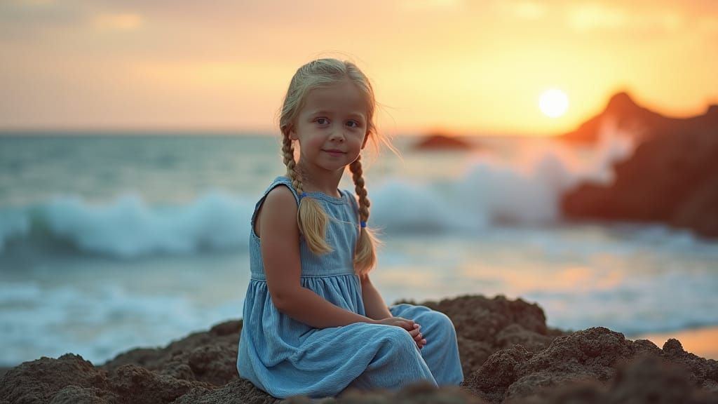 Girl on Rocky Beach at Sunset, Portrait Photography