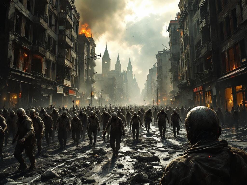 Zombie Horde Descends on Ruined City: Hyperrealistic Horror