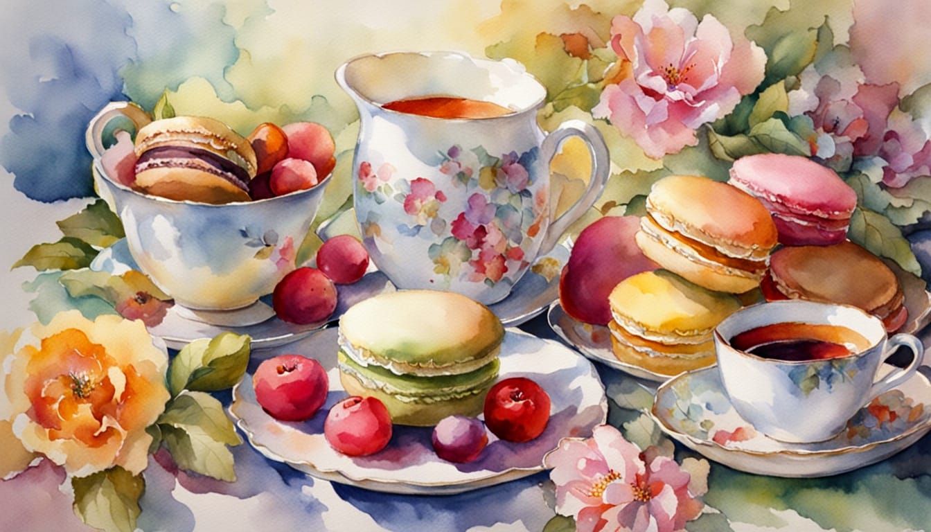 Pastel Cafe with Macarons and Tea in Watercolor Patchwork St...