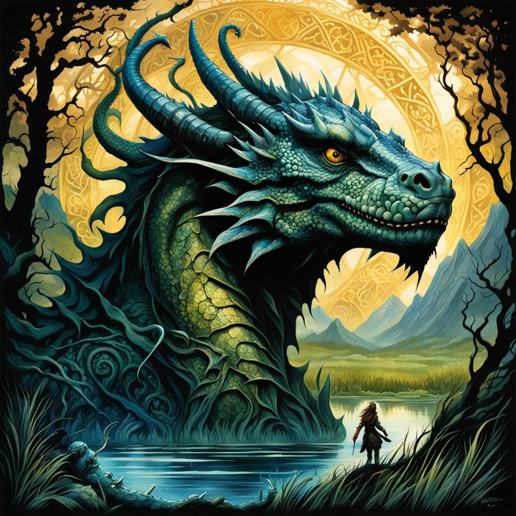 Majestic Runed Dragon in Sunlit Gothic Marshland