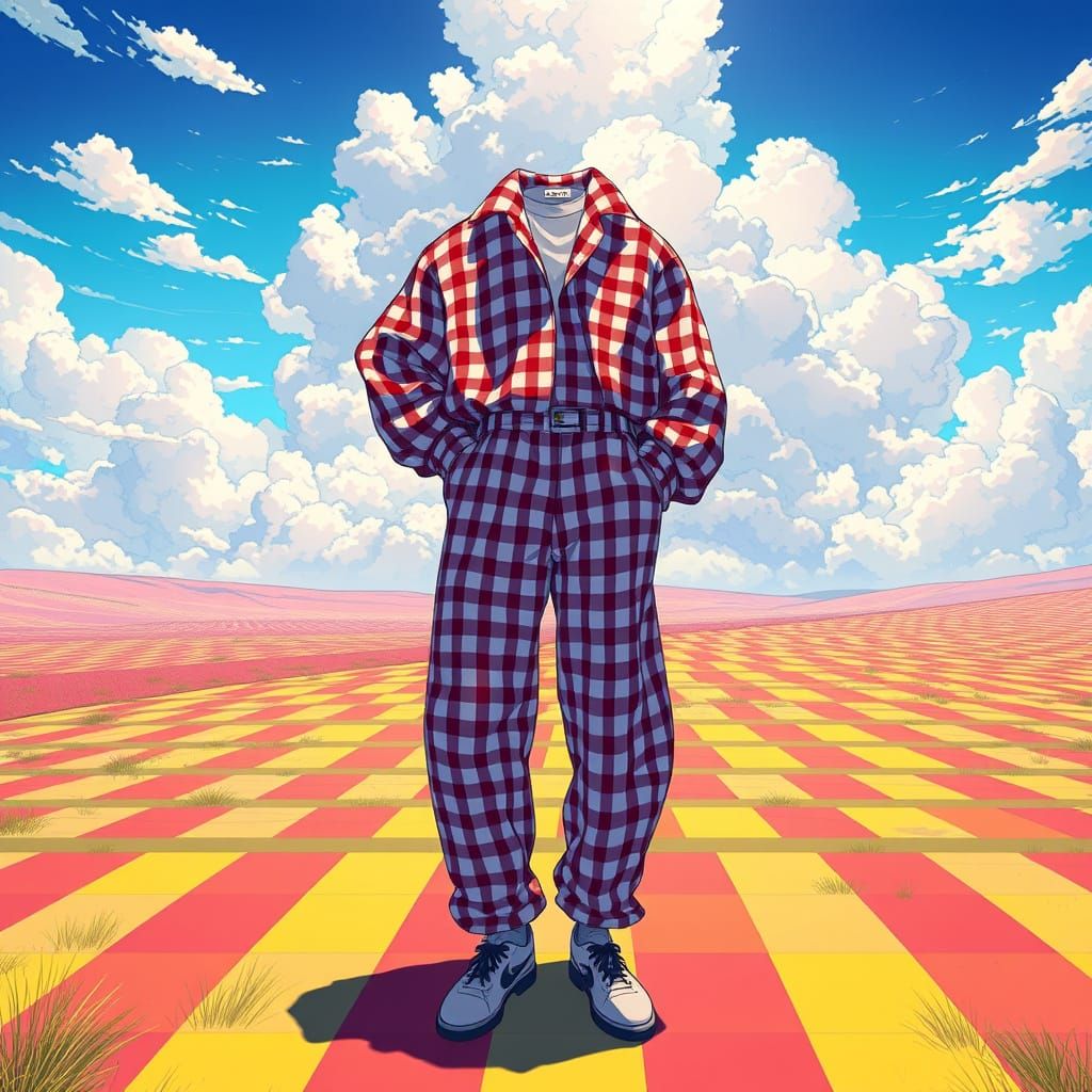Surreal Gingham Landscape with Anime-Style Textures