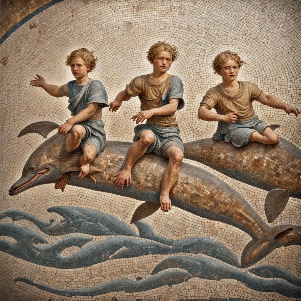 Ancient Roman Mosaic of Boys Riding Dolphins