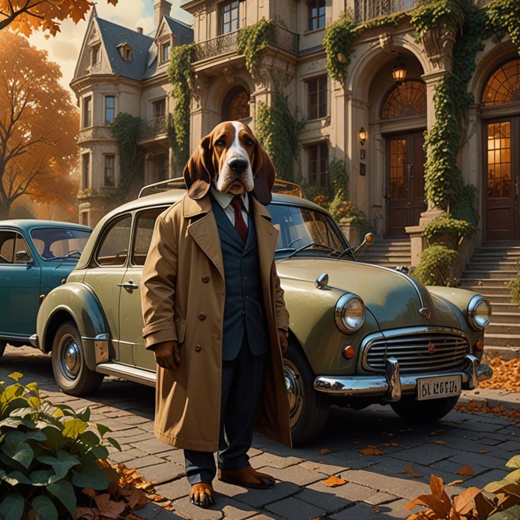 Whimsical Basset Hound in Earth-Toned Trenchcoat