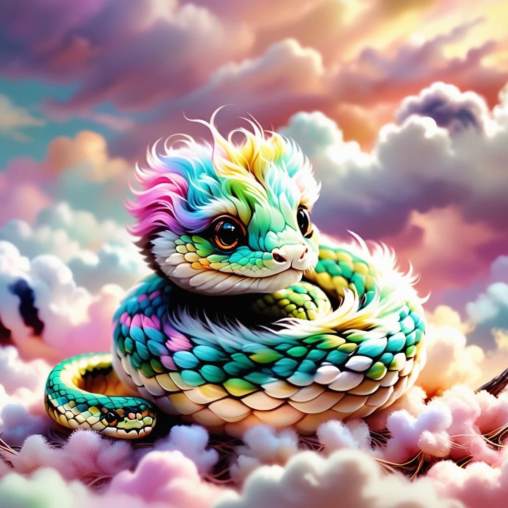 Fuzzy Baby Snake with Colorful Fur Illustration