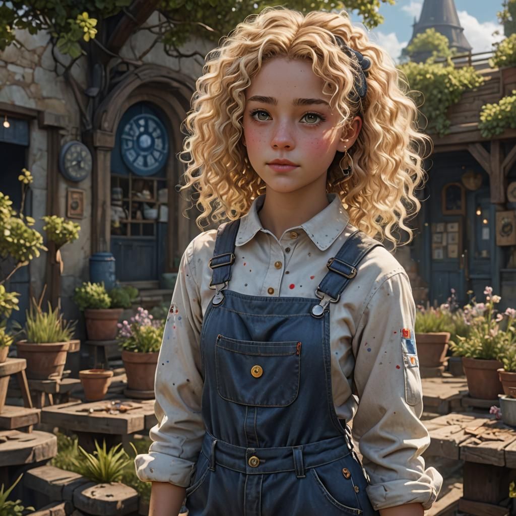 Realistic Portrait of Girl with Blonde Hair in Overalls