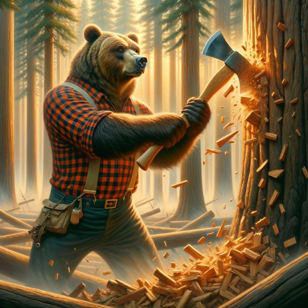 Majestic Bear in Lumberjack Attire, Whimsical Oil Painting