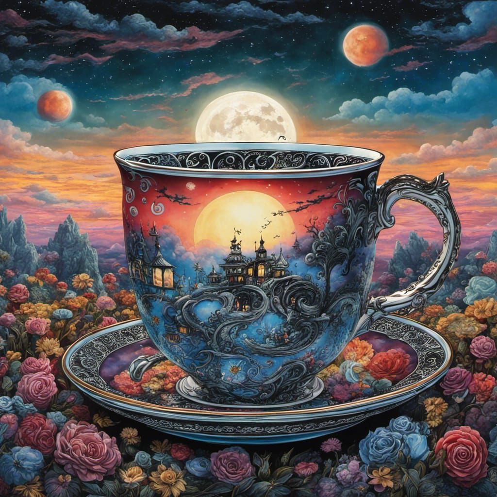 Tim Burton Teacup with Moonlit Sky, Graffiti Art