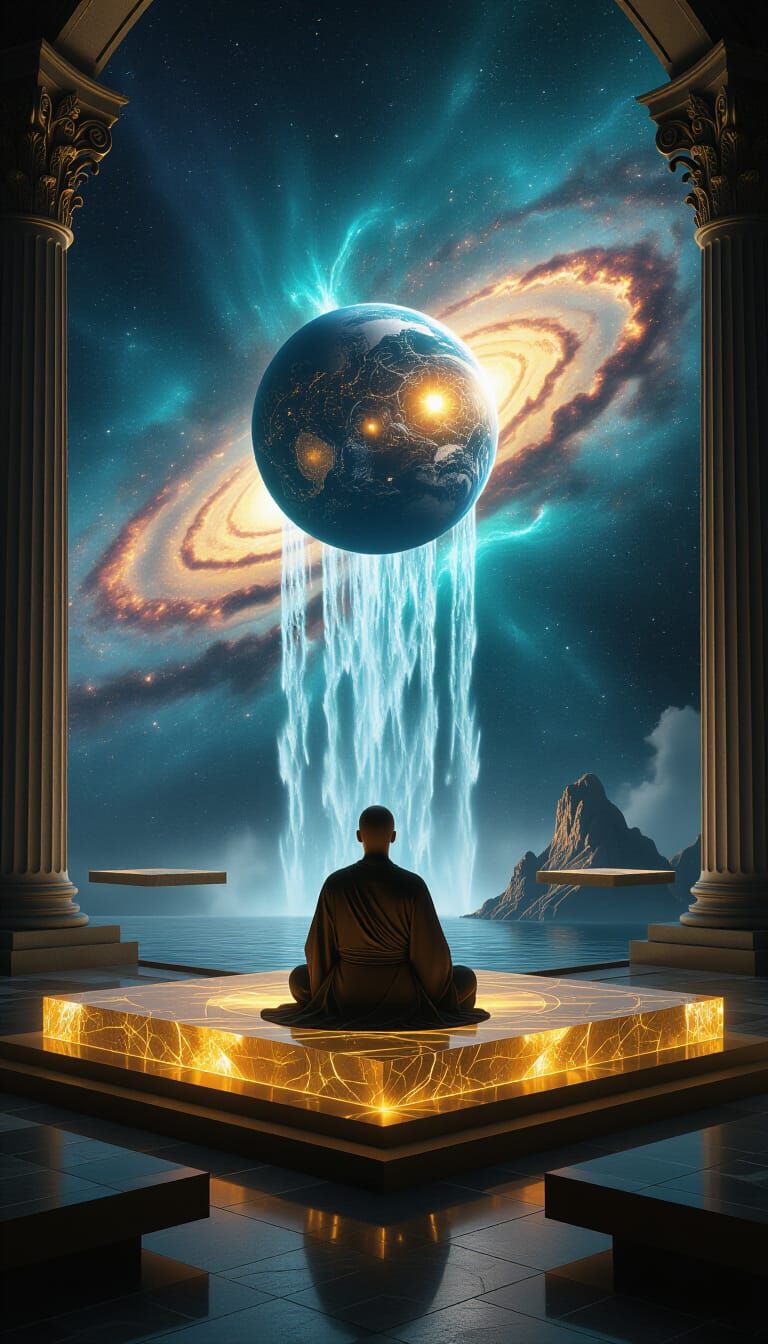 Mystical Figure Meditating Before Cosmic Holographic Cube