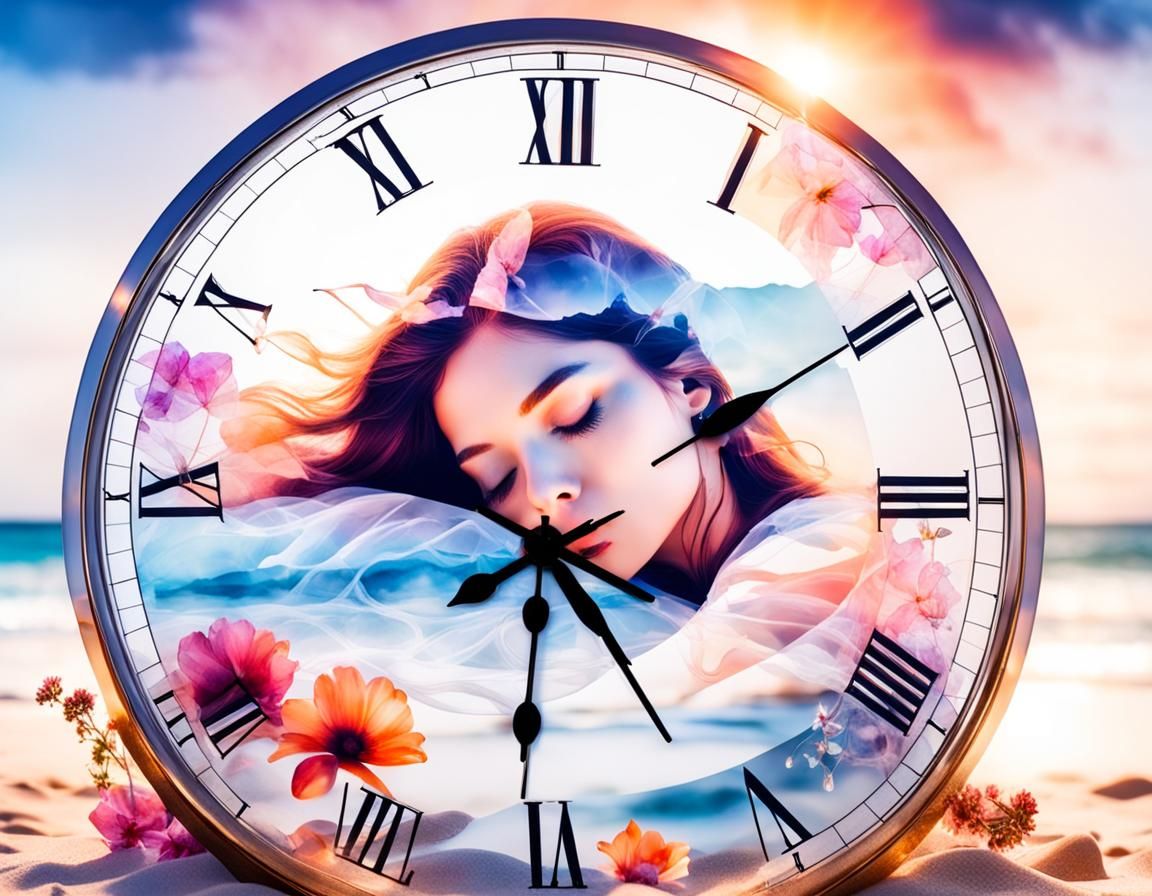 Dreamy Double Exposure: Sunset, Clock, and Sleeping Girl