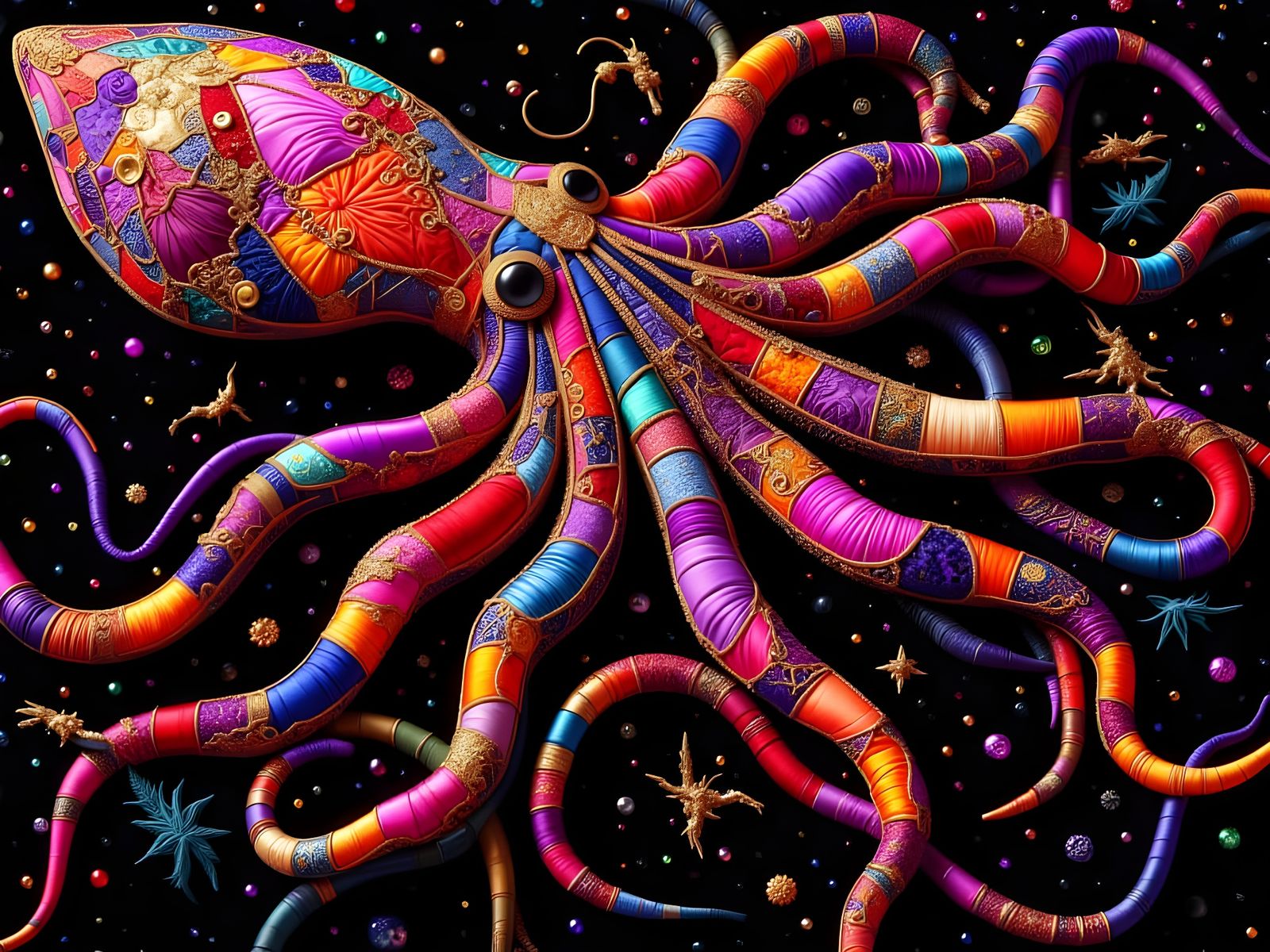 Anatomically Accurate Squid in Crazy Quilt Style