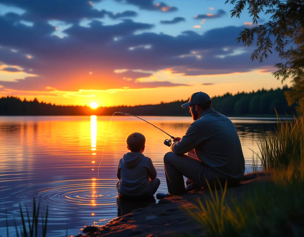 Father and Son Fishing at Sunset: Hyper-Realistic CGI