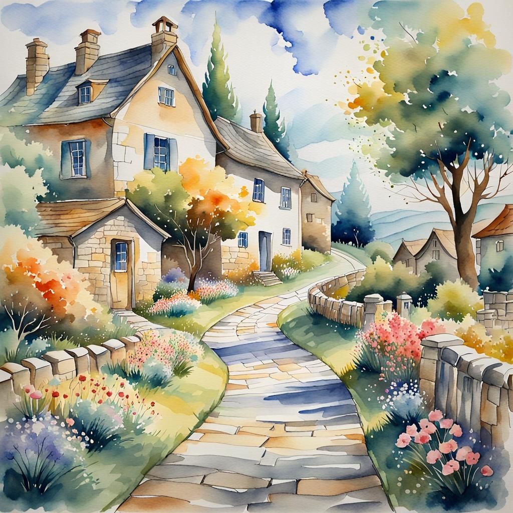 Idyllic Village Watercolor Painting with Stone Road