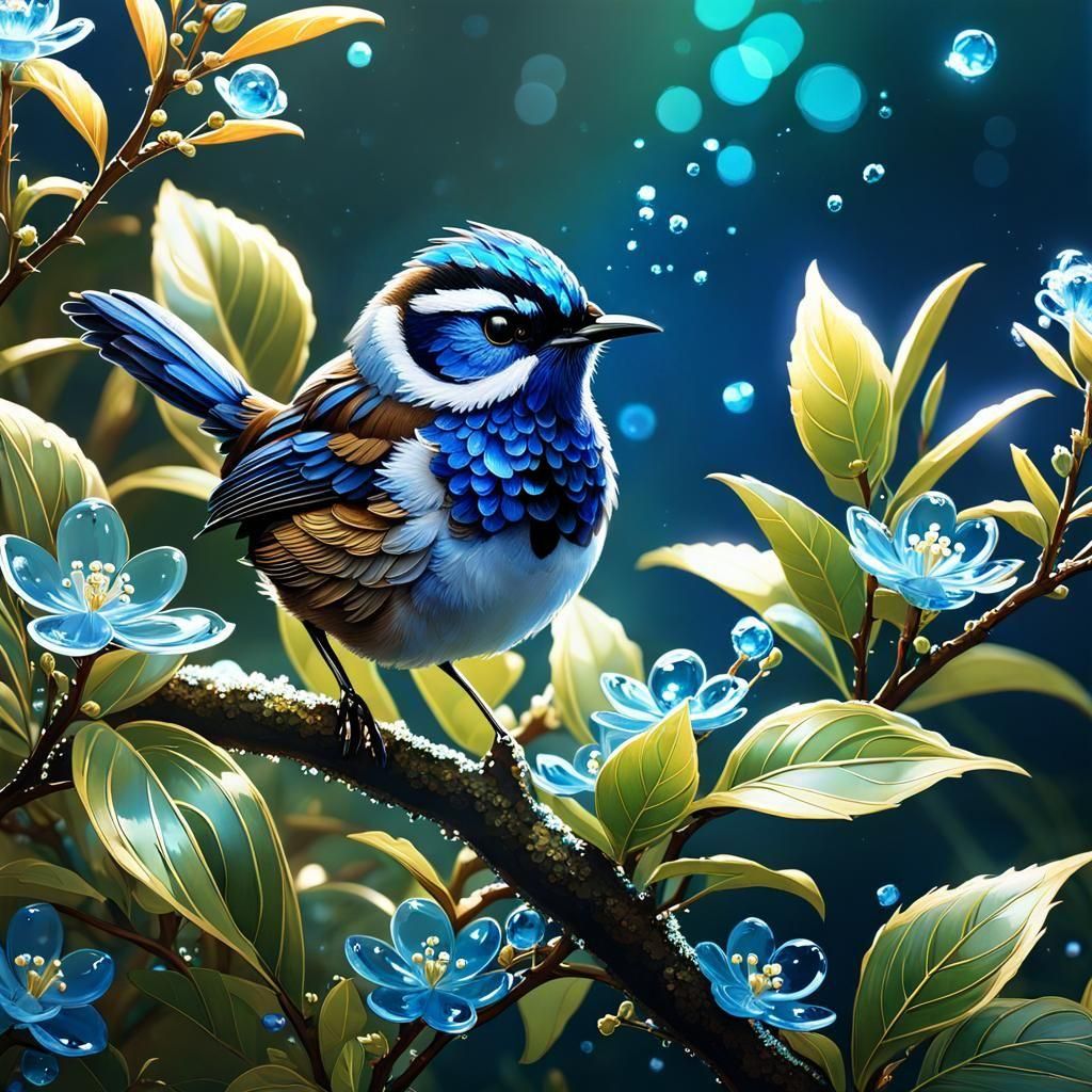 Sapphire Wren with Glass Flowers: Fantasy Art