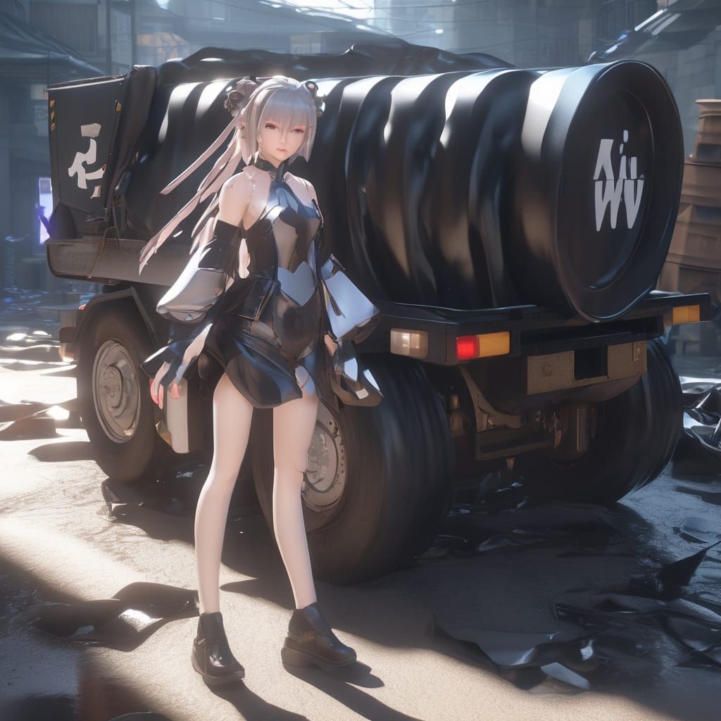 Latex Woman in Garbage Pile: 3D Anime Art