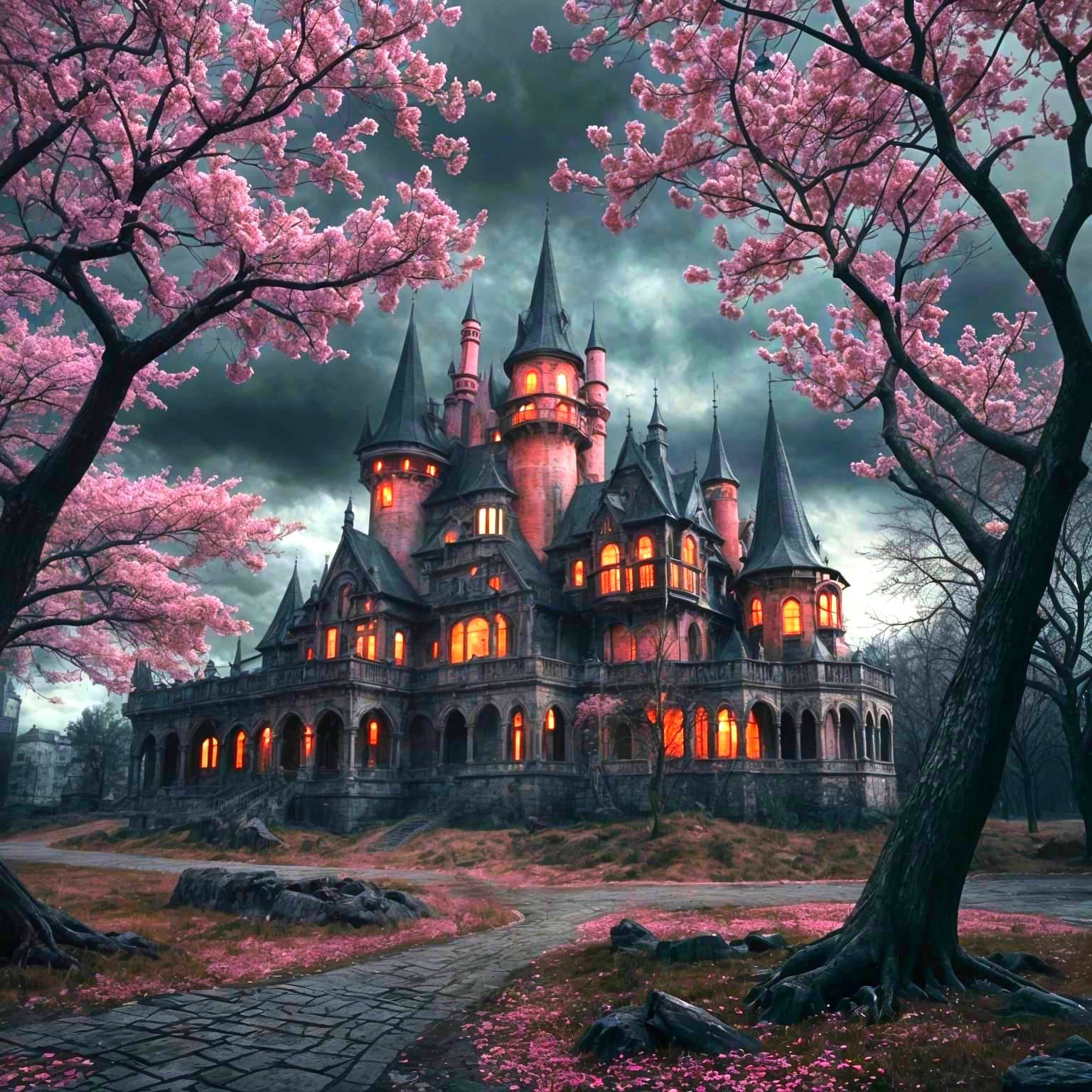 Crimson Blossoms Light Gothic Castle: Surreal Cityscape